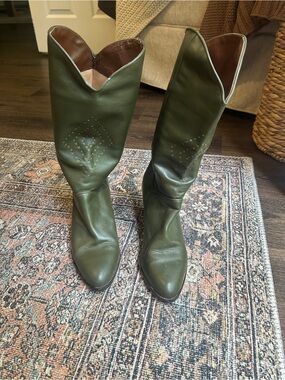 Manfield Olive Green Leather Mid-Calf Boots Made in Italy Size 41